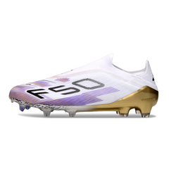 Adidas F50 Laceless Elite White, Golden and Purple Firm Ground FG Football Boot