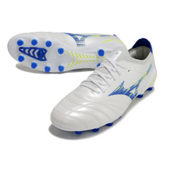 Mizuno Morelia Neo IV Elite White Blue and Yellow Firm Ground FG Football Boot