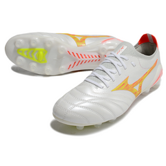 Mizuno Morelia Neo IV Elite White, Orange, and Yellow Firm Ground FG Football Boot