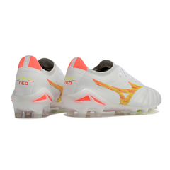 Mizuno Morelia Neo IV Elite White, Orange, and Yellow Firm Ground FG Football Boot