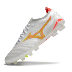Mizuno Morelia Neo IV Elite White, Orange, and Yellow Firm Ground FG Football Boot