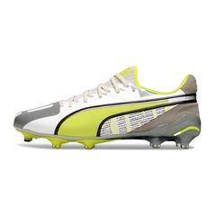 Puma King Ultimate White, Grey, and Yellow Firm Ground FG Football Boot