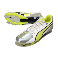 Puma King Ultimate White, Grey, and Yellow Firm Ground FG Football Boot