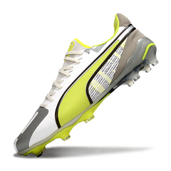 Puma King Ultimate White, Grey, and Yellow Firm Ground FG Football Boot